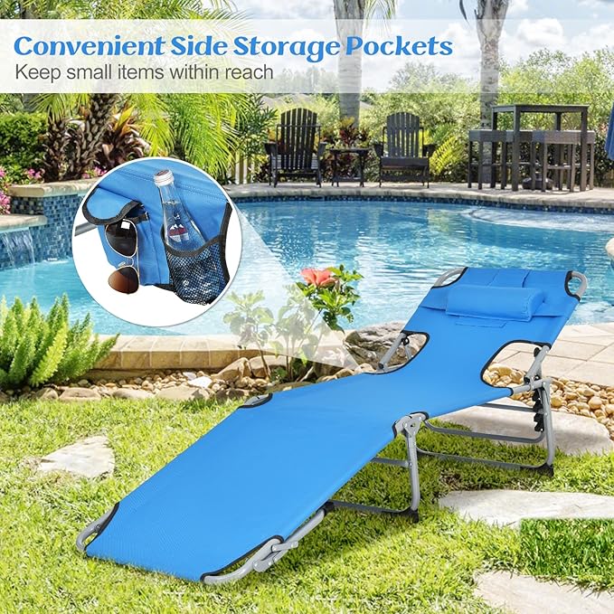 Goplus Tanning Chair, Folding Adjustable Patio Lounge Chair with Face Hole, Removable Pillow, 330LBS, Carry Strap, Outdoor Sunbathing Chair, Lightweight Portable Beach Lounge Chair (1, Navy)