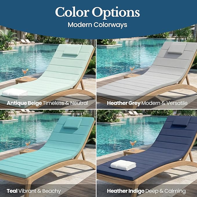 Quilted Chaise Lounge Outdoor Patio Furniture Cushions | Water-Resistant Patio Chair Cushions | Durable, High-Density Foam Outdoor Chair Cushions - Antique Beige, 74"x23" (Chair Not Included)