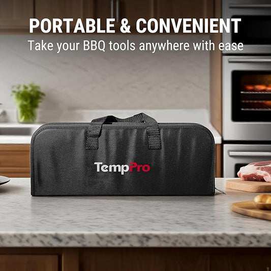 TempPro Grilling Accessories Grill Set with Spatula, Fork, Brush & Tongs, Heavy Duty Stainless Steel Grill Tools for Camping Burger, BBQ Accessories for Men Dad Him (Previously ThermoPro)