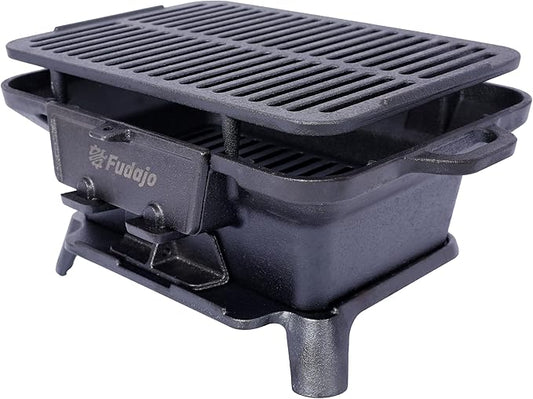 Oval Cast Iron Hibachi Grill, 100% Portable Charcoal Grill, Durable Tabletop Outdoor Grill and Camping Stove with Skillet, Small Compact Japanese Style Barbecue Smoker