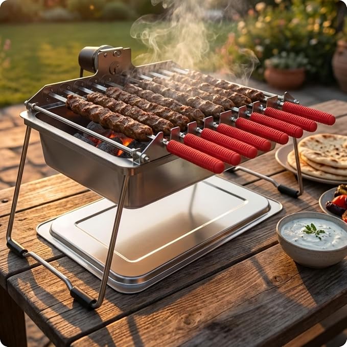 Charcoal Kabob Grill with Spin Grill Attachment by ๐ก๐ผ๐ฟ๐๐ต ๐๐ฟ๐ถ๐น๐น๐: precise heat control, silicone-handle square & flat skewers, charcoal starter tool, tongs, BBQ gloves, and storage & travel