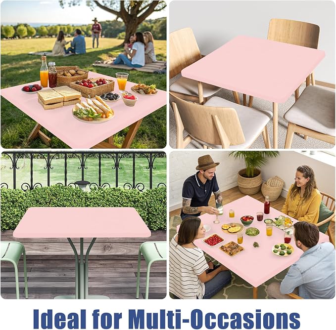 Moosfor Spandex Square Table Cloth, Elastic Fitted Tablecloths for Picnic, Stretch Washable Patio Table Cover for Outdoor, Camping, Banquet and Parties (Pink, 34"x34")