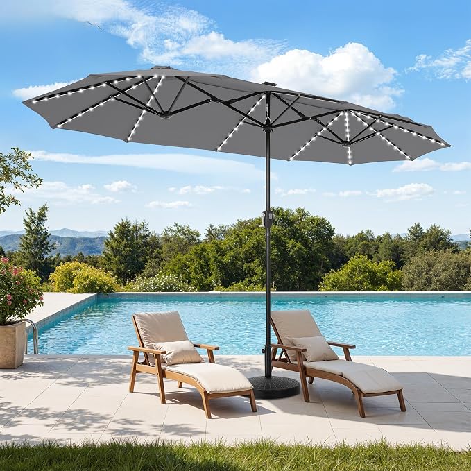 HERA'S PALACE 13 ft Patio Umbrella with 120 LED Solar Lights Double Sided Outdoor Umbrella for Patio 8 Colors Changing Table Umbrella for Garden Pool, Smoky Gray