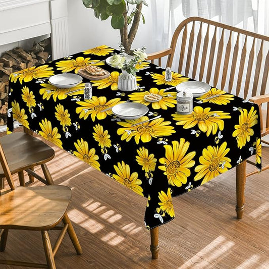 Horaldaily Summer Tablecloth 52 x 70 Inch Rectangular Yellow Sunflower | Bumble Bee Black Fall Washable Table Cover for Party Picnic Dinner Decor