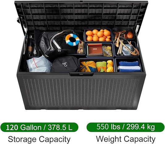 Vixzen 120 Gallon Deck Boxes Outdoor Waterproof, Resin Lockable Storage Box for Patio Cushions Storage Furniture, Garden Tools, Pool Supplies, Weatherproof and UV Resistant (Black, 120 Gallon)