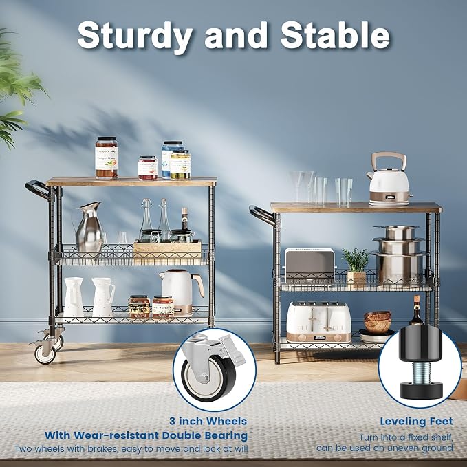 Rolling Kitchen Carts with Wheels, 3-Tier Utility Cart with Wood Tabletop | NSF Commercial Metal Serving Cart with Handle and Shelf Liner for Kitchen Snacks,34"D x 17.5"W x 32.5"H,Black