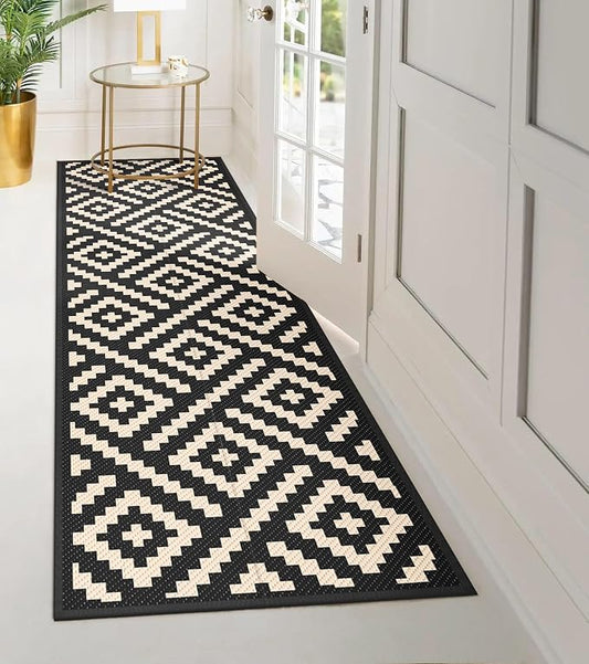 GENIMO Outdoor Rug, Waterproof Plastic Runner Rugs, 2.5'x8' Black Beige | Outside Modern Carpet Mat for Patio Decor, Porch, Deck, Balcony, Camping, RV, Picnic, Beach, Reversible, Foldable