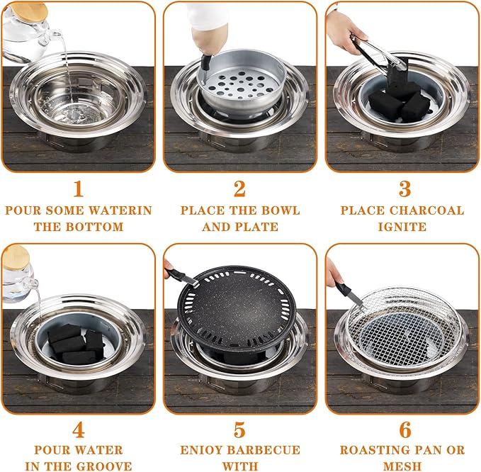 Portable Charcoal Grill, Tabletop Outdoor Barbecue, 13.7 Inches Non-Stick Korean BBQ Grill, Stainless Steel Small BBQ Grill for Outdoor Cooking Backyard Camping Picnics Beach