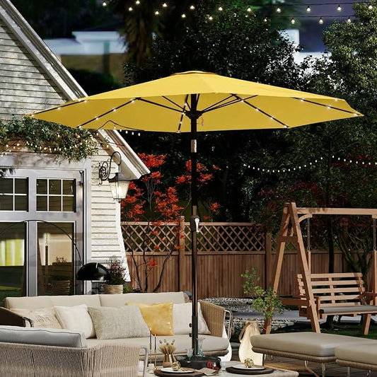 10FT Solar Umbrella 32 LED Lighted Patio Umbrella Table Market Umbrella w/Tilt and Crank, UV-Resistant Outdoor Umbrella for Pool, Garden, Deck, Sunshine Yellow