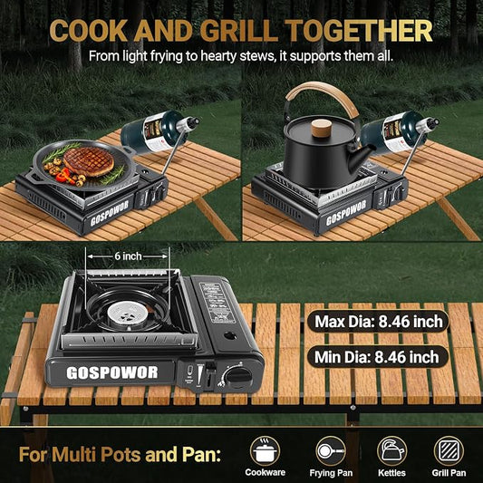 Propane or Butane Stove, Dual Fuel Propane Stove for Camping, 10,000 BTU Automatic Ignition Portable Gas Stove with Carrying Case & Windblocker & Griddle for Hiking(Fuel Not Included)