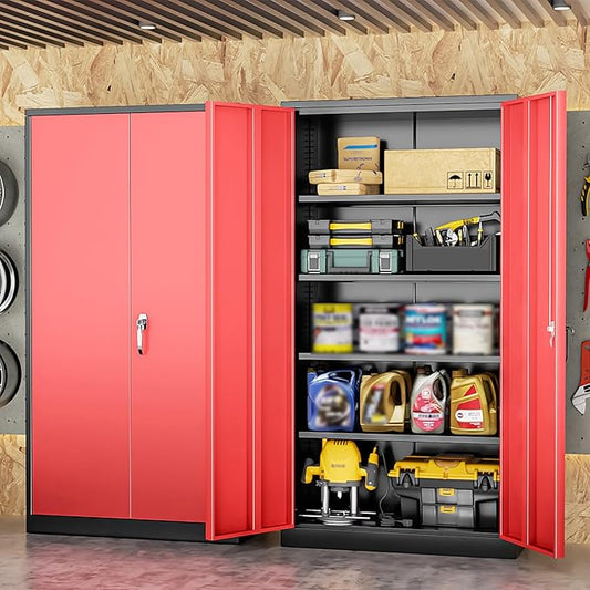 INTERGREAT Metal Storage Cabinet, 72โ H Storage Cabinet with 2 Doors and 4 Adjustable Shelves for Office, Home, Garage, Pantry (Assembly Required, Black Red)