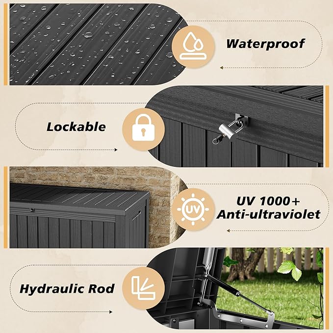 Fancyango 150 Gallon Outdoor Deck Box Waterproof, Large Storage Box for Patio, Resin Storage Bench Lockable for Garden Tools, Package Delivery, Black