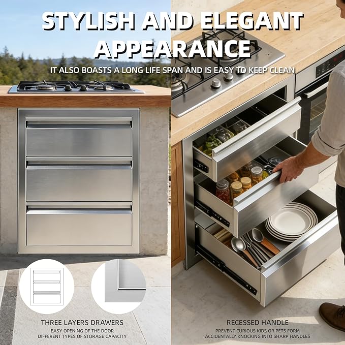 Outdoor Kitchen Drawers 18" x 20.5" x 20.5" Stainless Steel Triple Drawer Cabinet, Flush Mount Modular Storage for BBQ Islands & Patios