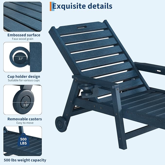 Garvee Lounge Chair Outdoor Set of 4 with Wheels & 5-Position Adjustable Backrest, Oversized Chaise Lounge with 2 Move Handle, HDPE Lounge Chair w/Detachable Cup Holder, for Patio, Pool,Navy Blue