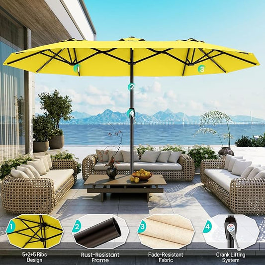 AreShark 15FT Outdoor Patio Umbrella with Crank, Large Rectangular Market Umbrella, Double-Sided Outdoor Umbrellas with Cross Base & Sandbag for Porch, Lawn, Pool, Backyard, Yellow