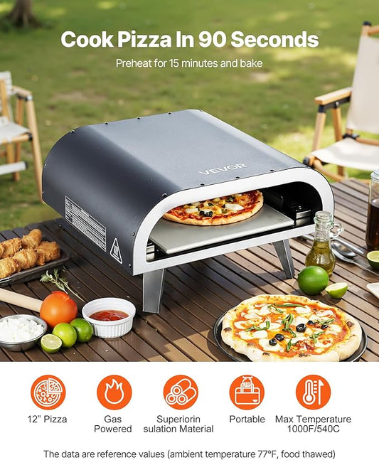 VEVOR Propane Outdoor Pizza Oven, 12 Inch Gas Pizza Maker, Max 1000℉, Portable Outdoor Cooker with Thickened Pizza Stone, 3 Layers Pizza Oven for Outside Patio Camping & Backyard, Black