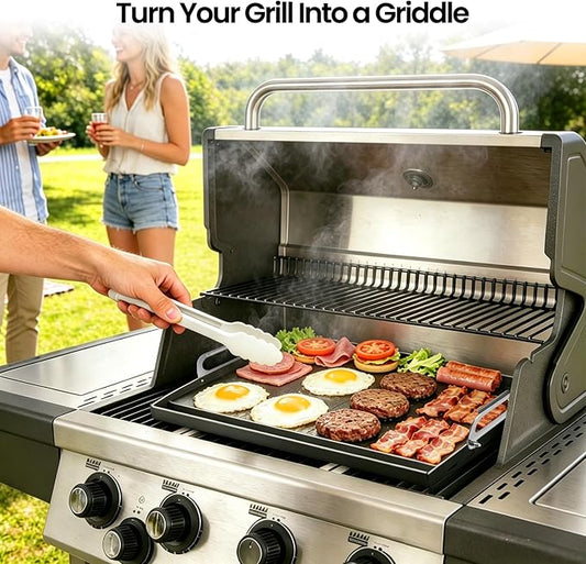 23x16 Inch Nonstick Universal Grill Griddle for Gas Grill, Built-in Grease Channel & Reinforced Even-Heat Base, Easy Clean, BBQ Griddle Plate for Outdoor BBQ, Camping, Indoor Stovetop Cooking