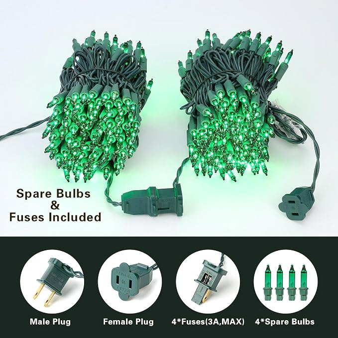 BrizLabs Christmas Lights, 69.6ft 300 Count Green String Lights, Connectable Incandescent Mini Light, 120V UL Certified Light String for Xmas Tree Indoor Outdoor St. Patrick's Day Party Decor | Connectable; Green Wire; UL Certified; Waterproof Mini Xma...