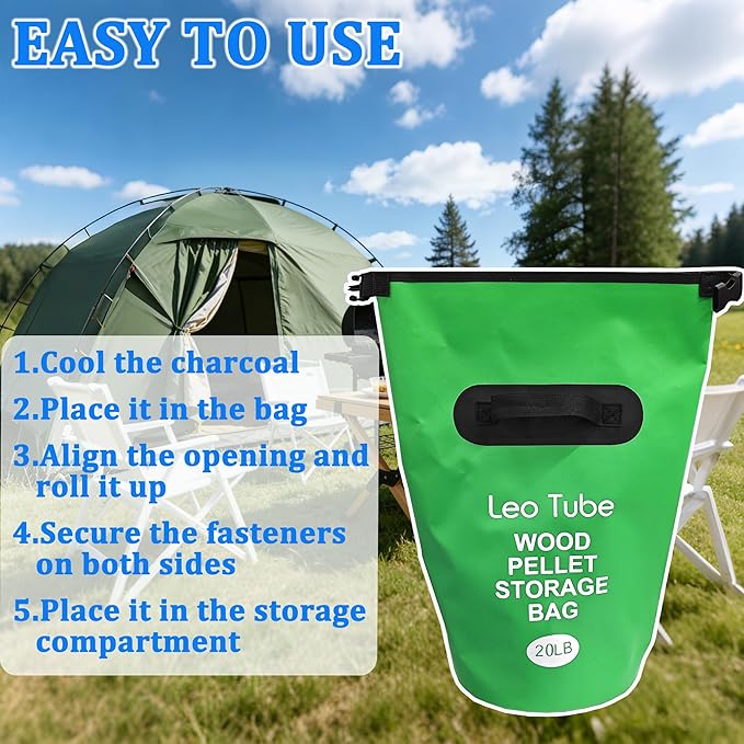 Heavy-Duty Wood Pellet Storage Bag, 20LB Waterproof Smoker Bag - 500D PVC Outdoor Storage Container with Buckle Seal, Label Pocket & Handles for BBQ, Grill, Pellet Smoker (Green)