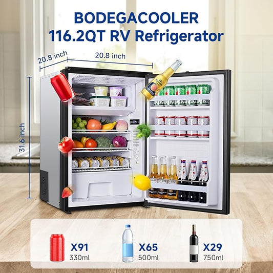 BODEGACOOLER 12-Volt Refrigerator, 116.2-Quart RV Refrigerator with Freezer, Dual-Mode RV Fridge with LED, 5℉-50℉ Travel Compressor Cooler 12/24V DC for Boat, Caravan, Truck, Camping (Black)