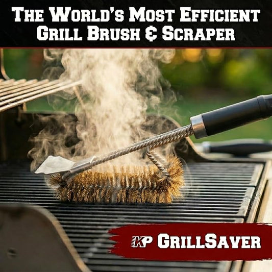 KITCHEN PERFECTION Brass GrillSaver - Safe BBQ Grill Brush with Replaceable Cleaning Head -Heavy-Duty Grill Cleaner w/Scraper for Porcelain & Ceramic Grates, Includes Magnetic Hanger & Bottle Opener