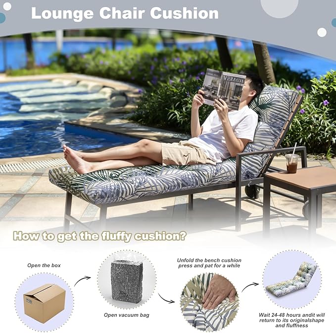Outdoor Lounge Chair Cushions, 74.4 x 22 x 4.7 Inches Waterproof Fade Resistant Patio Cushion for Chaise Lounger