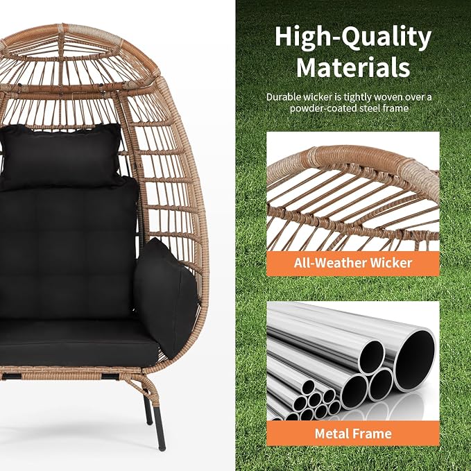 PayLessHere Egg Chair Egg Basket Rattan Chair Steel Frame Oversized Indoor Outdoor Lounger Simple Installation with 4 Comfort Cushion and Stand,352lb Capacity for Patio Garden Living Room,Black