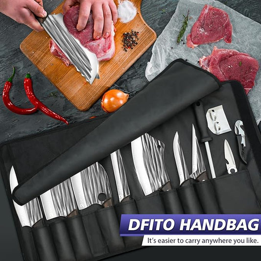 Dfito Butcher Knife Set with Roll Bag, 14 in 1 Professional Chef Knife Set, Hand Forged Bone Chopping Knives & Meat Cleaver Knife & Fillet Knives for Home & Camping & BBQ, Gifts for Men Women