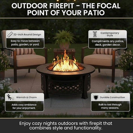 Fire Pit - 32-Inch Outdoor Fireplace with Spark Screen, Poker, and Cover - Wood-Burning Fire Pit for Yard, Patio, or Camping by Pure Garden (Bronze)