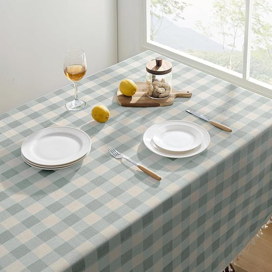 Softalker Checkered Tablecloth Rectangle, Outdoor Linen Cotton Gingham Table Cloth with Tassel, Heavy Duty Wrinkle Free Buffalo Plaid Table Cover for Kitchen Dining Summer Party - 55 x 70 Inch, Aqua