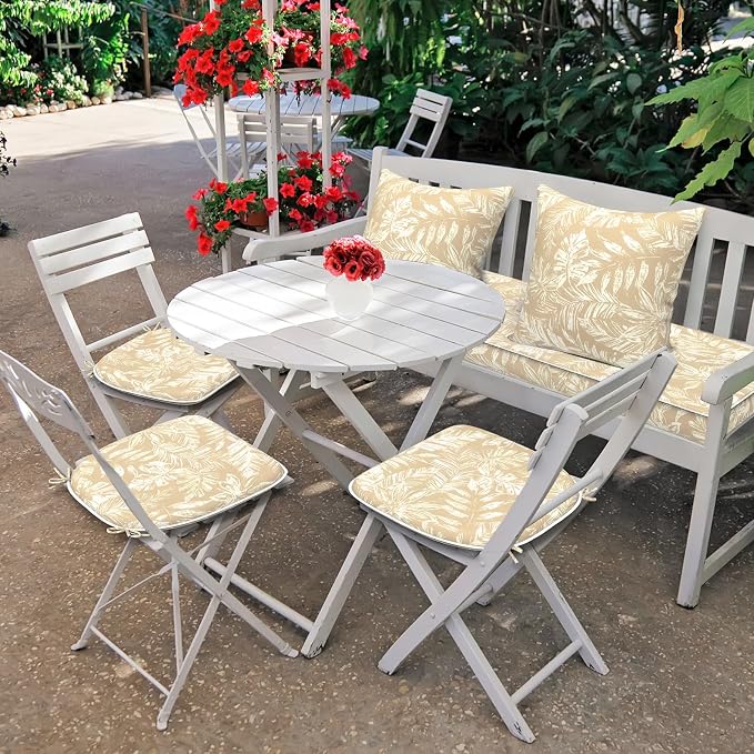 DYTXIII Set of 4 Outdoor Chair Cushions with Ties,Water Repellent Patio Chair Pads 17"x 16" for Outdoor Furniture,Round Corner Seat Cushions for Garden Yard Kitchen Tropical Leaf Oat