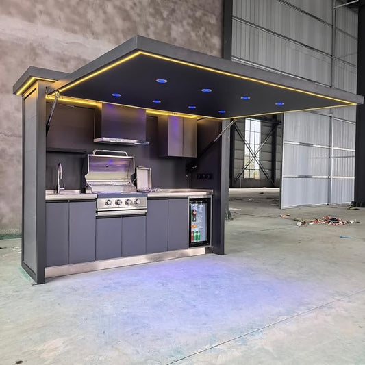 Prefab Outdoor Kitchen with Roof and Grill, Modular Outdoor Kitchen Island with Sink Refrigerator Storage Cabinet, Backyard Patio BBQ Cooking Station for Outdoor Entertaining