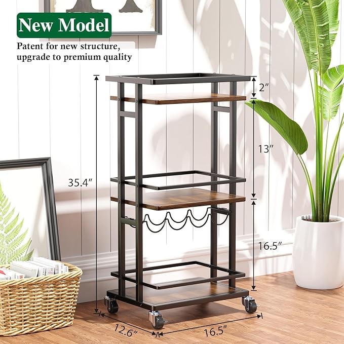 OKZEST 3-Tier Bar Cart for Home, Mini Rolling Liquor Cabinet & Serving Cart | Small alcohol coffee bar cart for party, Holds wine, liquor, beverage, glassware, shaker, coffee supplies, Rustic farmhouse