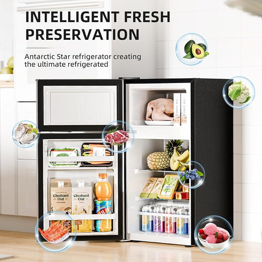 Antarctic Star Mini Fridge with Freezer, Double Door Compact Refrigerator, Adjustable Thermostat, Small Fridge for Bedroom Office Dorm Apartment, 2.45 Cu.Ft Silver