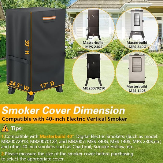 EVRBUL 40-inch Vertical Smoker Cover, 420D Heavy Duty Waterproof Outdoor Digital Electric BBQ Smoker Grill Cover Fit for Masterbuilt 40 in Cover, 24.5" W x 17" D x 39" H (Black)
