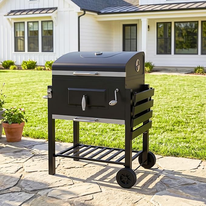 Outsunny Charcoal BBQ Grill, Outdoor Portable Cooker for Camping or Backyard Picnic with Side Table, Bottom Storage Shelf, Wheels and Handle, Black