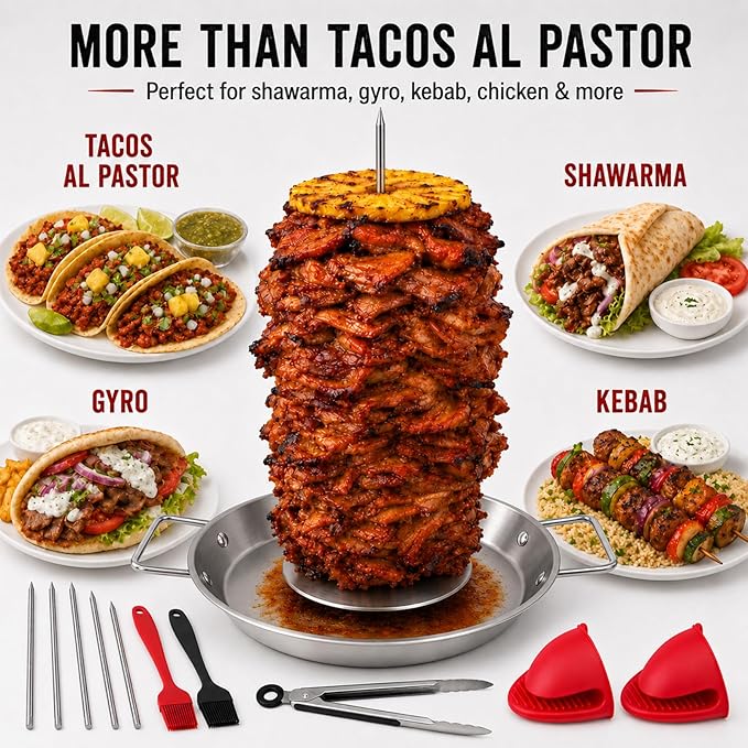 Al Pastor Skewer for Grill, 10 Inch Stainless Steel Vertical Skewer Pan with 5 Spikes, Grease Separator Tray, Tongs, Gloves & Basting Brushes, Shawarma Gyro Kebab Stand for Oven Smoker BBQ