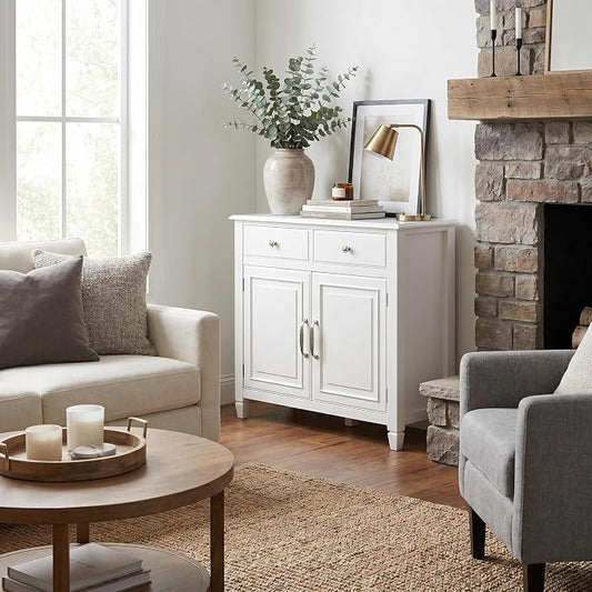 SIMPLIHOME Connaught 40" Wide Solid Wood Storage Cabinet in White | Traditional slim entryway and living room organizer for hats, gloves, shoes and keys with space-saving storage design.