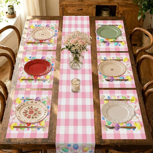Nuxovilar Tablerunner and Placemats Set of 7 Pink Plaid Easter Bunny & Chick Design Linen Square Placemats for Dining Dining Sets and Accessories Family Breakfast, Easter Party, Friend Gatherings