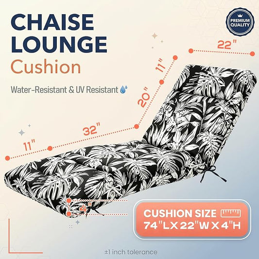 MAGIC ELEPHANT Chaise Lounge Cushion Outdoor, Memory Foam Patio Lounge Chair Cushion with Ties for Indoor Outdoor Furniture, Water-Repellent Replacement Long Chair Cushion (Black Monstera)