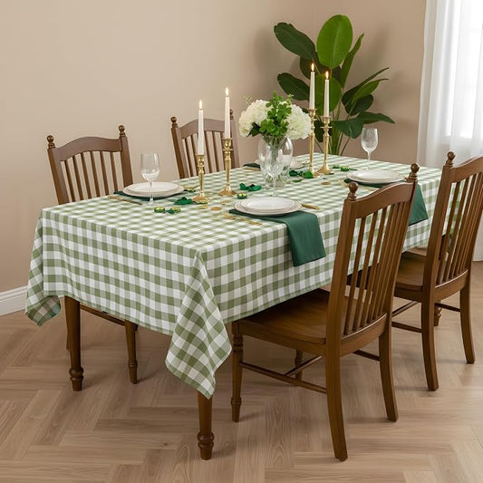 Green and White Gingham Tablecloth, Spring Plaid Waterproof Table Cover for Easter, Indoor Dining, Kitchen Table, Garden Picnic, Washable Rectangle Tablecloth for Home Use, W60 x L144 in