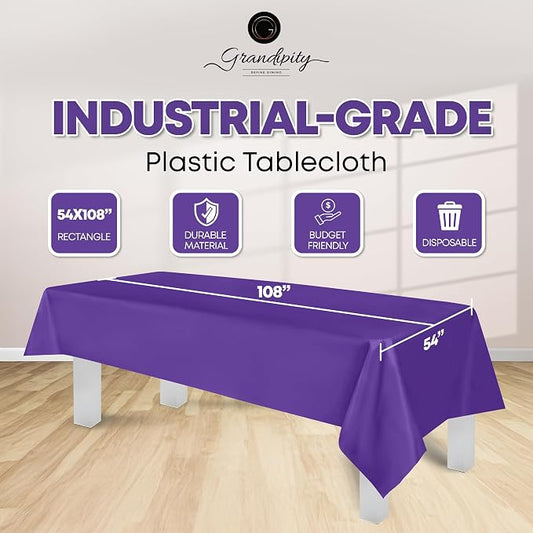 Grandipity 12 Pack Premium Disposable Plastic Tablecloth 54 Inch. x 108 Inch. Decorative Rectangle Table Cover - Purple