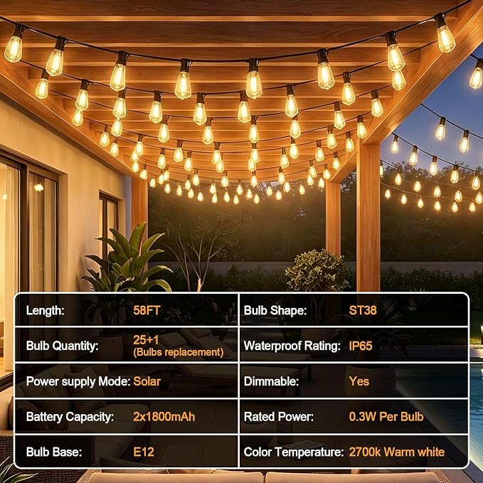 58FT Solar String Lights Outdoor Waterproof Patio Lights with Remote and 25+1 LED Shatterproof Bulbs, 3 Light Modes Dimmable & Timer Solar Lights for Backyard Porch Garden Wedding Decor