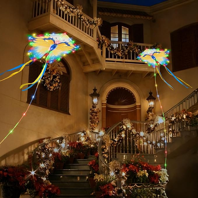 Toodour Solar Butterfly Lights Outdoor, 2.9Ft 174 LED Waterproof Kite Butterfly Garden Decor, 8 Modes Multicolor Solar Garden Lights for Home Yard Patio Camping Decor- Blue & Yellow Butterfly