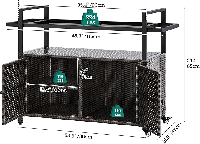 YITAHOME Large Outdoor Kitchen Wicker Island Rolling Cart, Patio Bar Table with Thickened Frame, Patio Storage Cabinet w/Wheels and Black Glass Table Top Backyard and Poolside Dark Brown