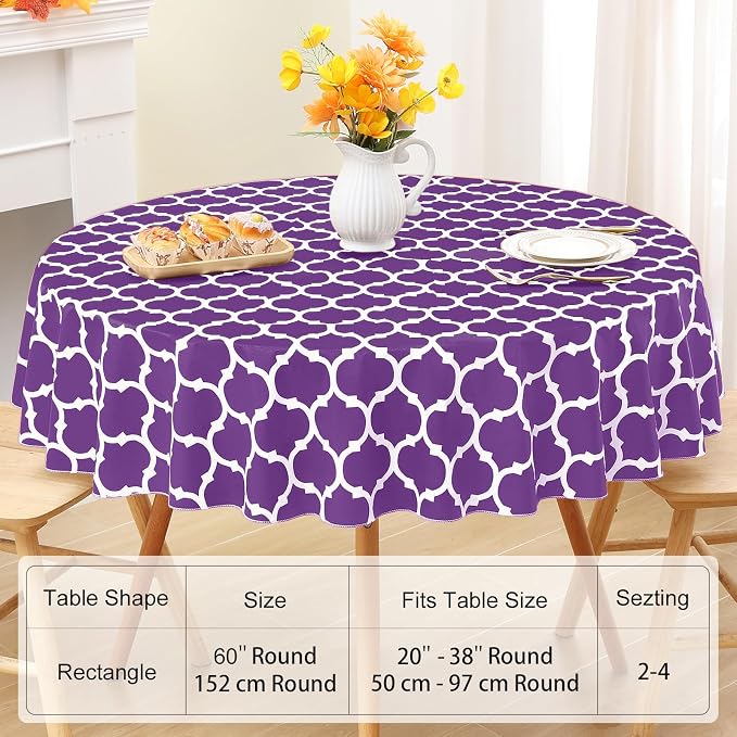 Smiry Round Plastic Table Cloth, Waterproof Vinyl Tablecloth with Flannel Backing for Round Tables, Wipeable & Spillproof for Dining, Camping, Indoor and Outdoor (60" Round, Purple)