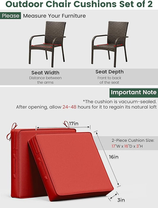 Outdoor Chair Cushion 17 x 16 x 3 Inches Patio Furniture Outdoor Waterproof Seat Cushion, Patio Chair Cushion with Handles and Ties, Square Dining Chair Cushion Set of 2, Red
