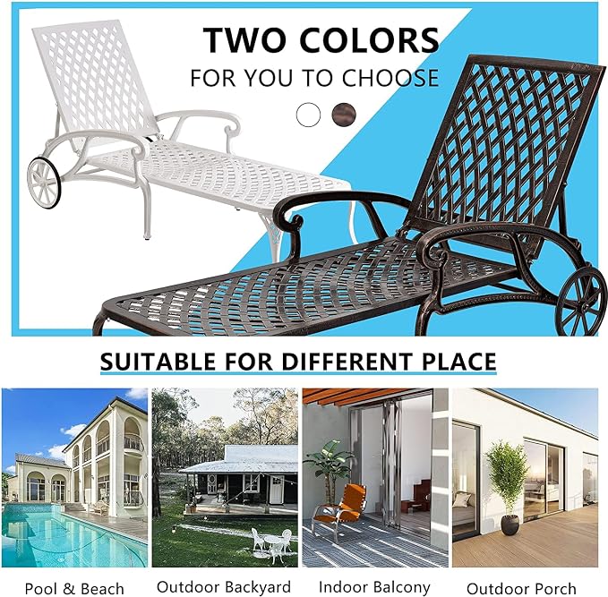 KEIKI Chaise Lounge Chair Outdoor Set of 2, Aluminium Cast Patio Chaise Lounge with Adjustable Backrest and Moveable Wheels, 3 Pieces Outside Tanning Chair, White and White (Side Table Not Included)