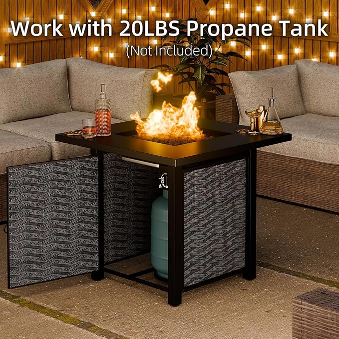 28" Propane Fire Pit Table with Lid, 50,000 BTU Square Outdoor Gas Fireplace, Weather-Resistant, Smokeless 2-in-1 Coffee Table for Small Patio, Deck & Balcony, Black