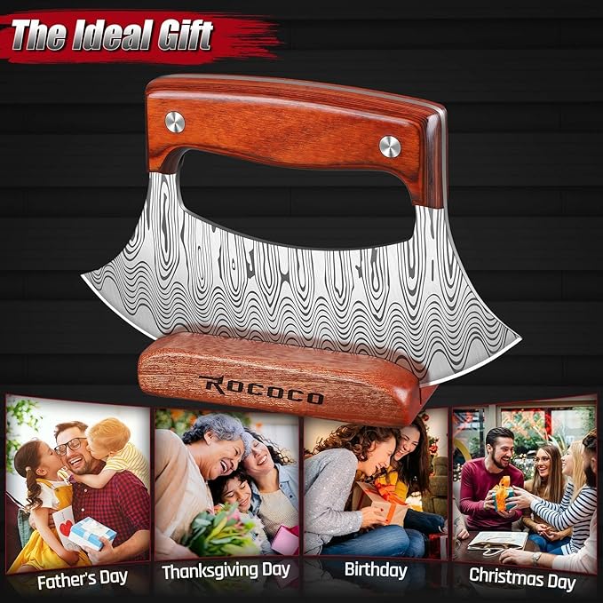 ROCOCO Pizza Cutter Ulu Knife – Full Tang Mezzaluna Rocker Knife with Wood Block for Kitchen Gifts for Men Women